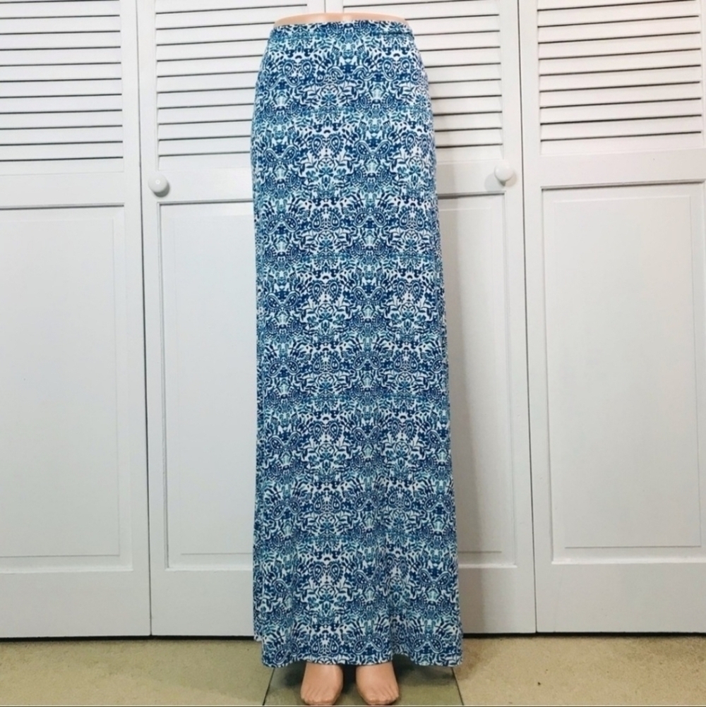 Cynthia Rowley Blue White Pattern Maxi Long Skirt Women's Small S Elastic Waist